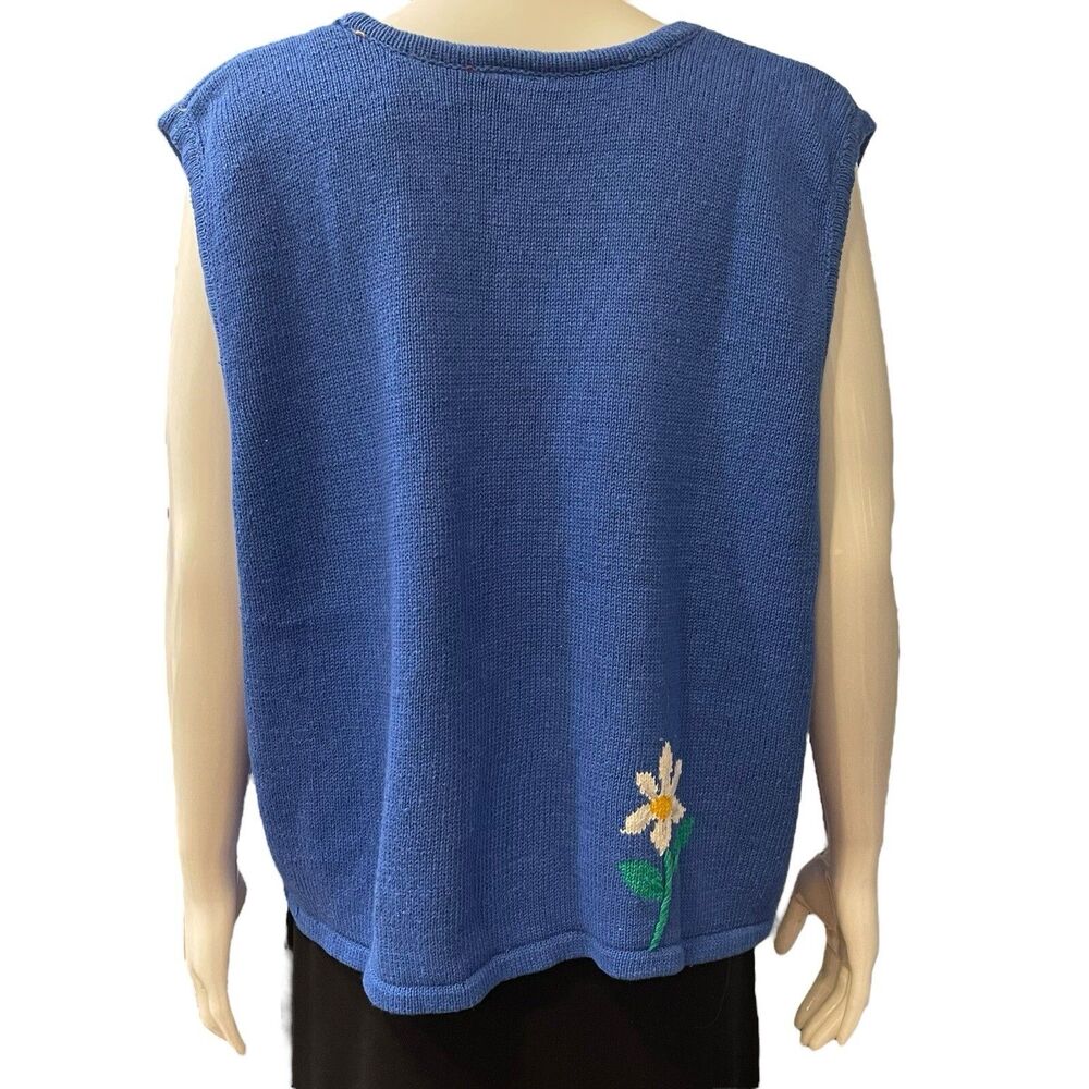 Sweater Vest Womens 2XL Capacity Blue Daisy Floral V-Neck Cotton Ramie 80s Vtg - Picture 4 of 9